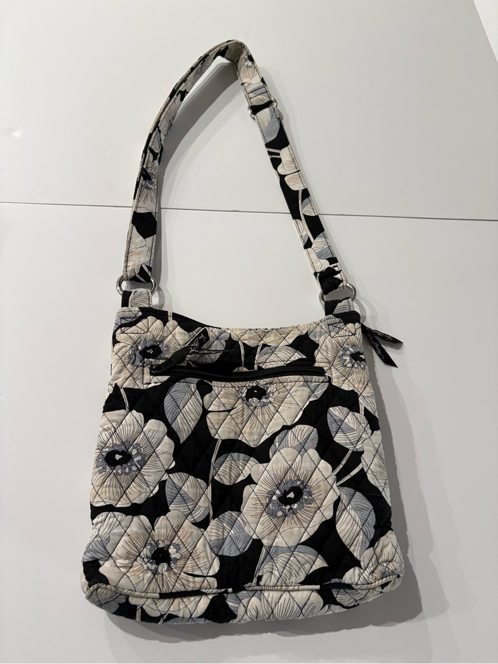 Vera Bradley Camellia Quilted Floral Crossbody Bag, Black, grey & Cream, pockets